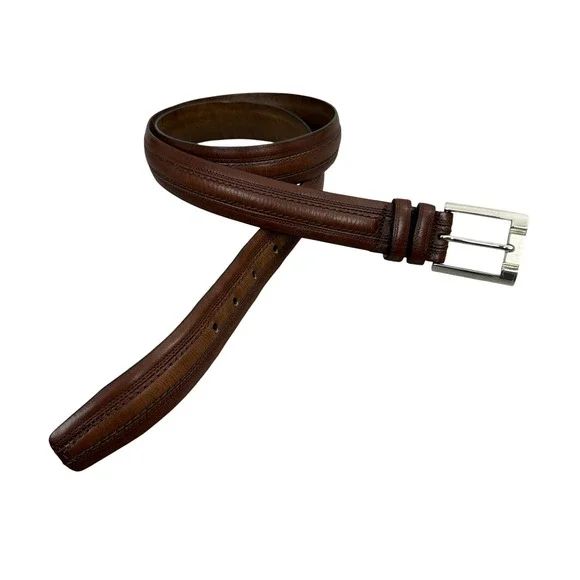 Mezlan Belt Mens Medium Brown Leather Dress Stitched Silver Buckle Made in Spain