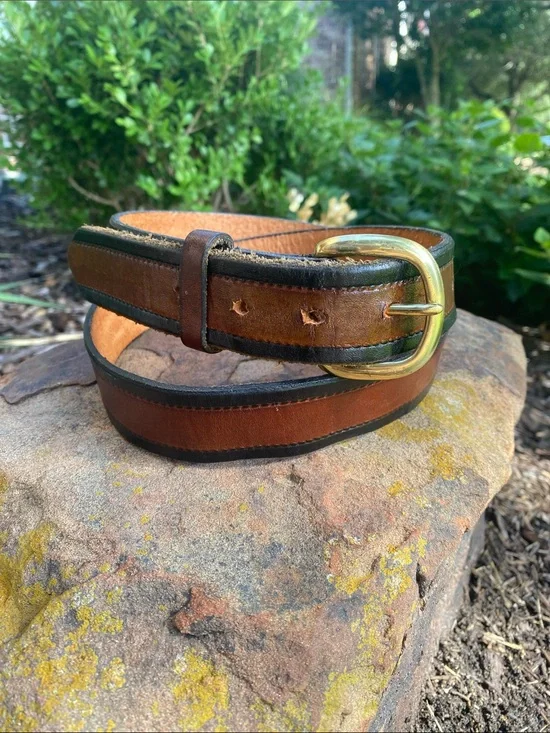 Two-Tone Brown Leather Belt with Black Edges & Brass Buckle