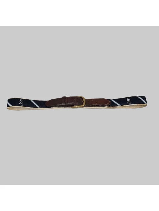 YRI Seminole Golf Club Needlepoint Mens Belt Navy Blue Leather  34 Ribbon Canvas
