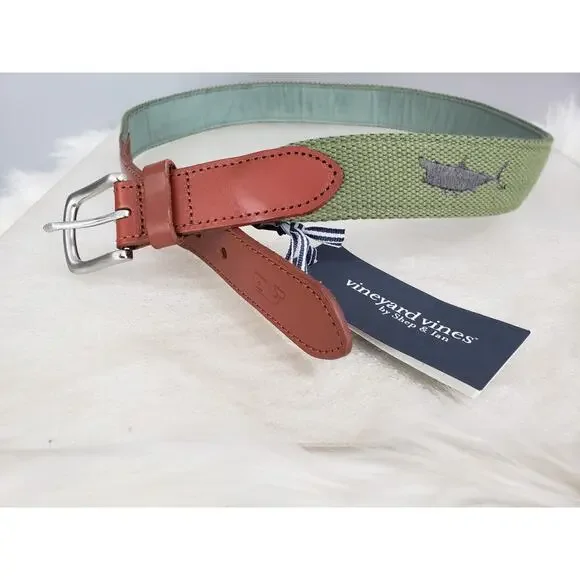 NEW SIZE 30 Vineyard Vines Canvas Green Olive Shark Belt Nautical Beach Vacation