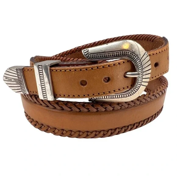 Vintage 1991 Mens Western Leather Belt Braided Edge Silver Engraved Buckle 38