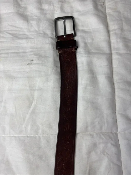 Trafalgar Chestnut Brown Tooled Leather Belt with Silver Buckle