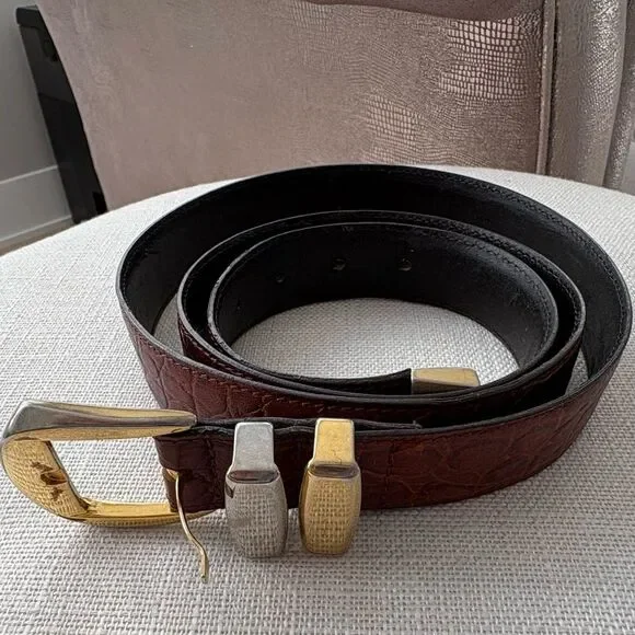 Gianni Versace Men’s Croc Embossed Belt Brown 110/44 Gold & Silver Buckle Italy