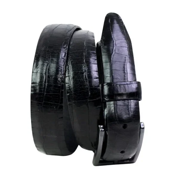 BLACK GENUINE LEATHER CROCO PRINT 1 1/8