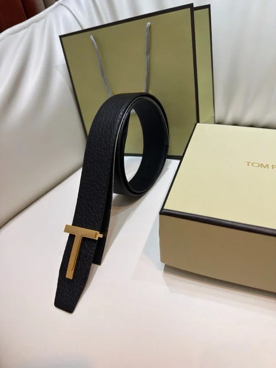 Tom Ford Black Textured Leather Belt with Gold T Buckle