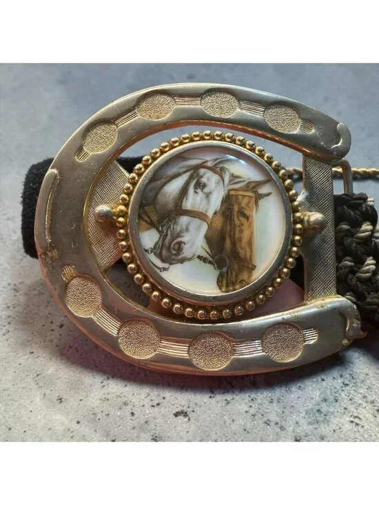 Vintage Hand Painted Milk Glass Western Horse Belt Buckle Braided Rope Belt