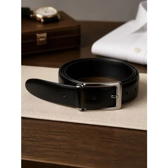 Black Leather Belt with Silver Buckle Size 34