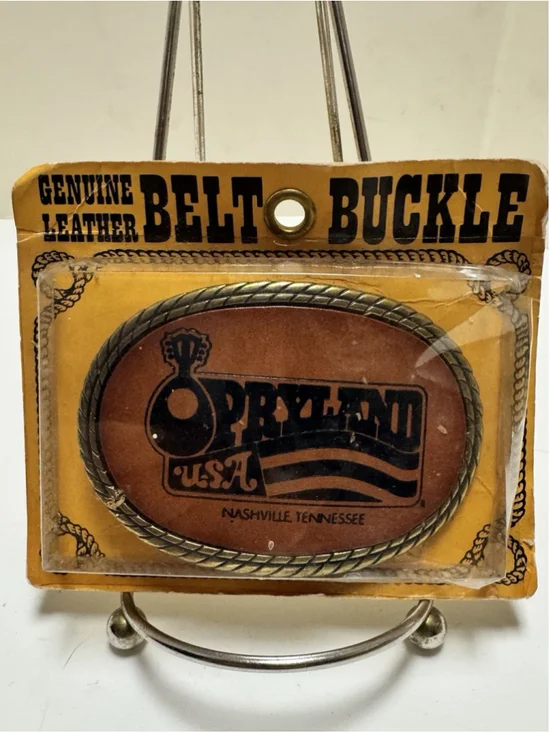 Opryland USA Flag Belt Buckle Leather Vintage Nashville Tennessee 1970s NOS