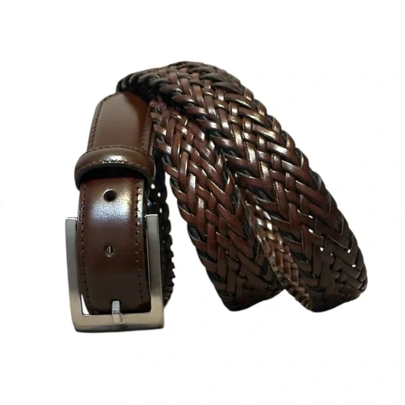 Woven Braided Brown Genuine Leather Stretch Belt Silver Buckle Argentina