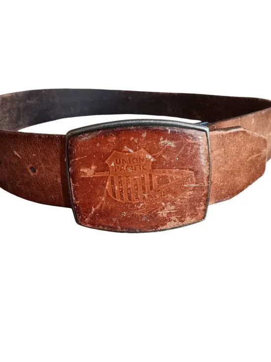 Vintage Belt 32 Small UPTT Union Pacific Railroad Leather Belt Embossed Train