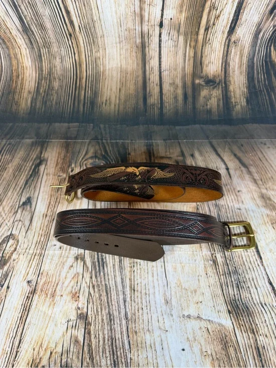 Wrangler Mens Leather Belt Lot of 2 Tooled Eagle Celtic Sz 44 Brass Buckle Brown