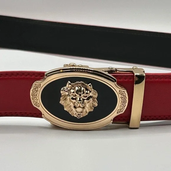 Mens Red Genuine Leather Automatic Ratchet Belt Gold Lion Head Buckle Luxury