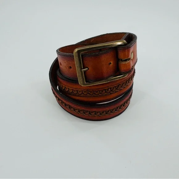 Vintage Mens Rope Edge Embossed Brown Leather Cowboy Strap‎ Western Belt Size 38