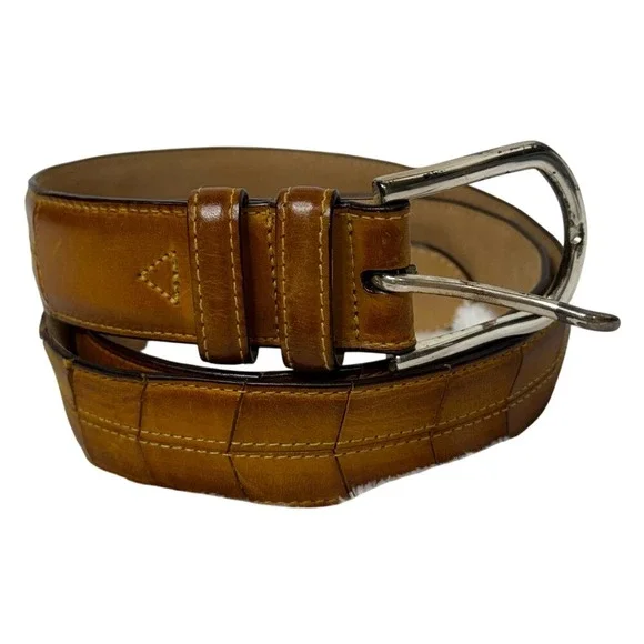 Bullock &‎ Jones Mens Tan Leather Belt Silver Buckle Sz 40 Contrast Stitching