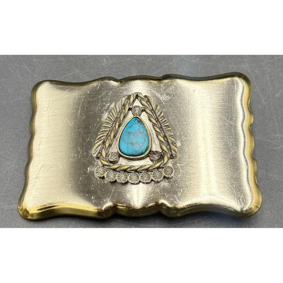 Vtg Native American Theme Belt Buckle Faux Turquoise Scalloped Edge Southwestern