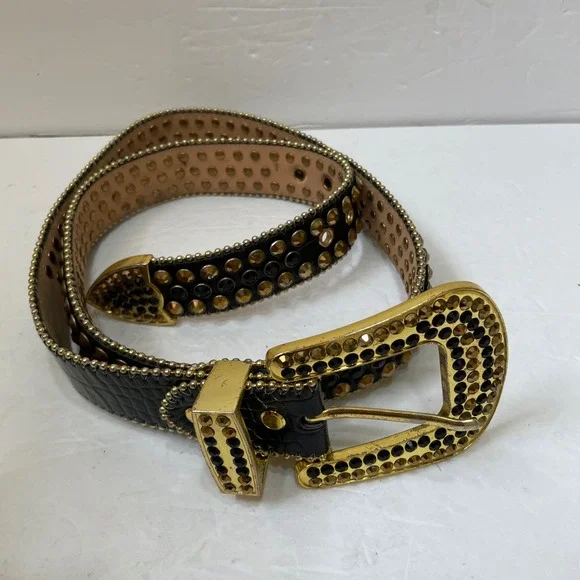 RAW BRAND‎ GENUINE LEATHER RHINESTONE STUDDED BELT WITH GOLDTONE HARDWARE