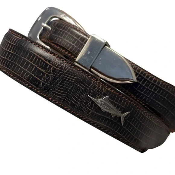 Men's Zep-Pro brown leather belt textured  textured marlin fish emblem strap‎ 38