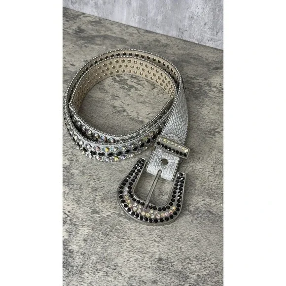 DNA‎ Rhinestone Belt Men L Silver Rodeo Western Streetwear Buckle Bling LEather