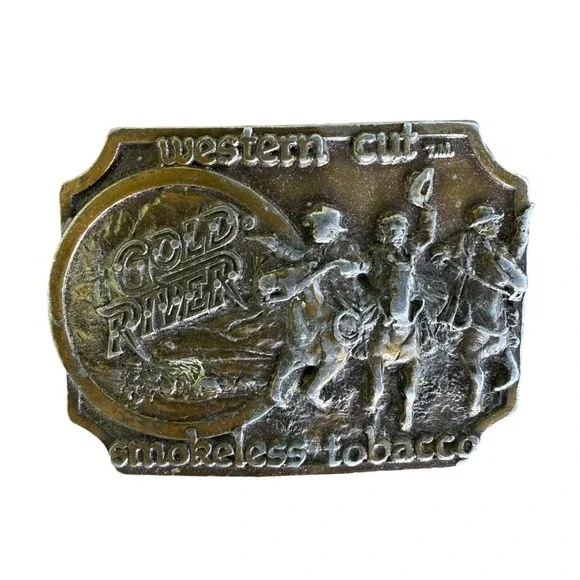 Vintage 1982 Gold River Western Cut Tobacco Belt Buckle Siskiyou USA Made
