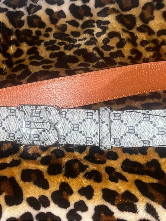 Burberry Reversible Orange Leather and Monogram B Buckle Belt