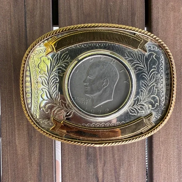 Vintage German Silver Belt Buckle 1972 Eisenhower Liberty One Dollar Coin