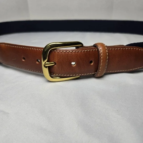 Woven Leather Brass Buckle Belt Navy Leather Ends Mens 40 Preppy Office Classic