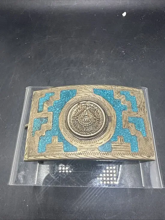 Vintage Mexican Aztec Calendar Turquoise Inlay Metal Southwestern Belt Buckle