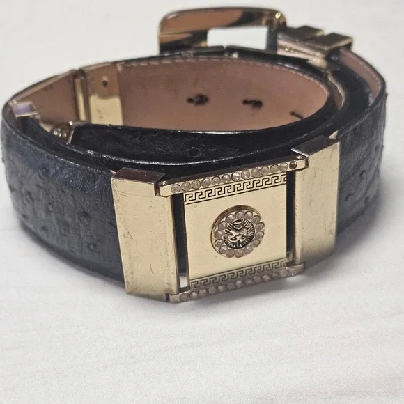El General Ostrich Leather Belt Mens 32 Black Gold Lion Rhinestone Western Luxe