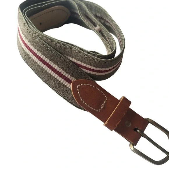 Mens VTG‎ Striped Fabric Belt Leather Trim Classic Buckle Casual Tan Green  40