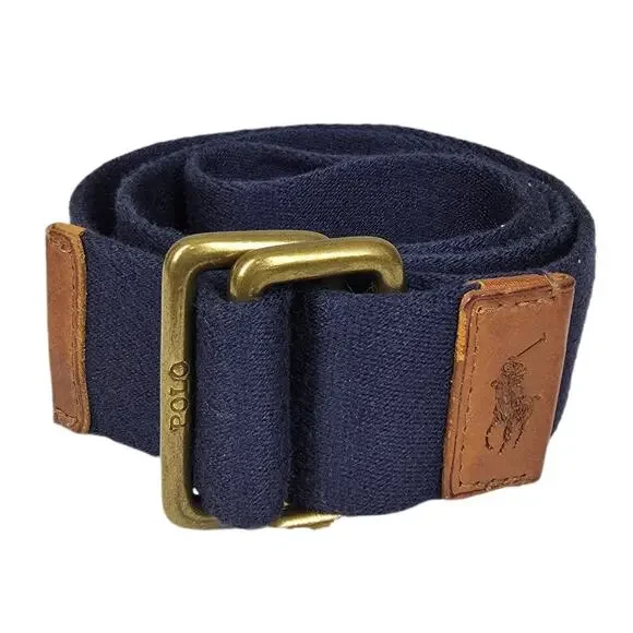 POLO RALPH LAUREN CANVAS & LEATHER BELT – NAVY / BROWN – SIZE S –  VINTAGE 90's