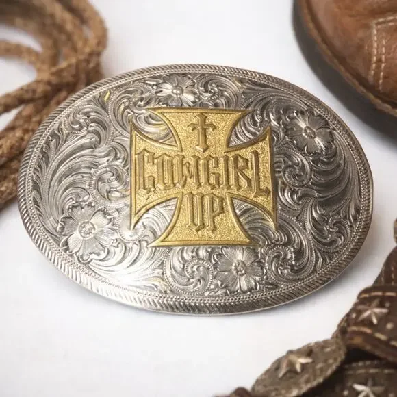 Montana Silversmiths Cowgirl Up Cross Belt Buckle Two-tone Western Engraved