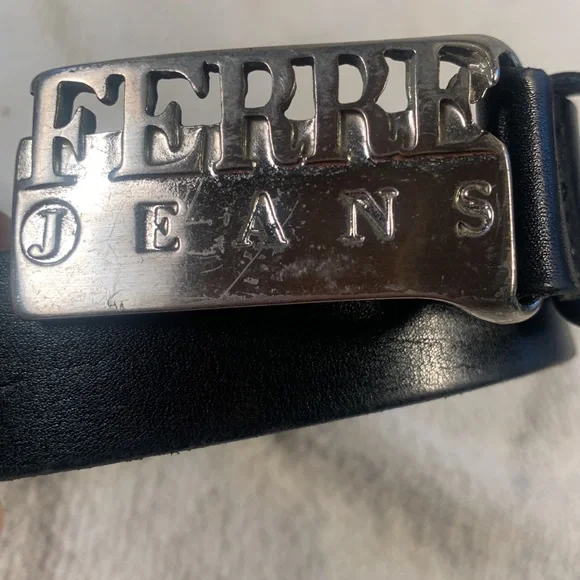 Ferre Jeans Logo Black Italian Leather and Silver Metal Buckle Belt Unisex