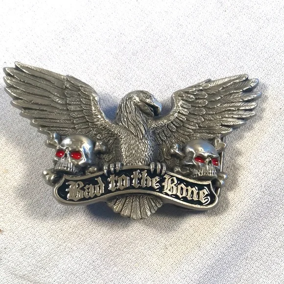 Vintage 1991 Biker Gothic Silver-toned Metal “Bad to the Bone” Belt Buckle