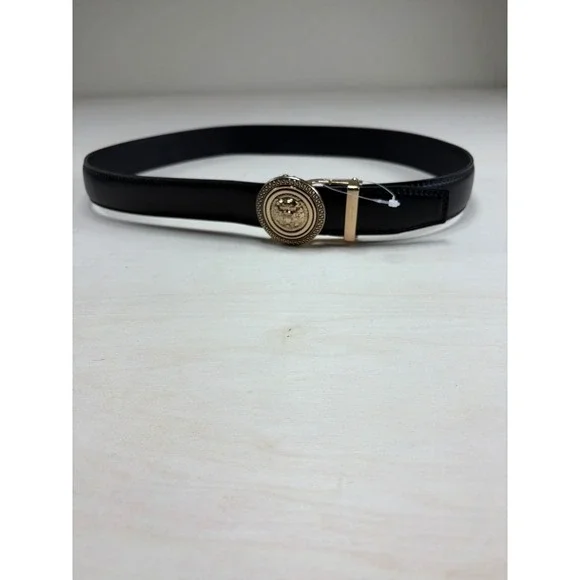 Black Genuine Leather Medusa Head Ratchet Belt Gold Tone Buckle Size L 36-39