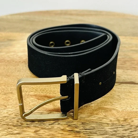 AllSaints Leather Flat Belt Black Warm Brass Men's Large 45