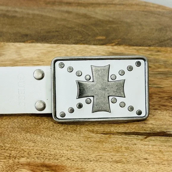 Vintage Y2K Era Guess Jeans White Iron Cross Belt Buckle With Belt Men's Size 40