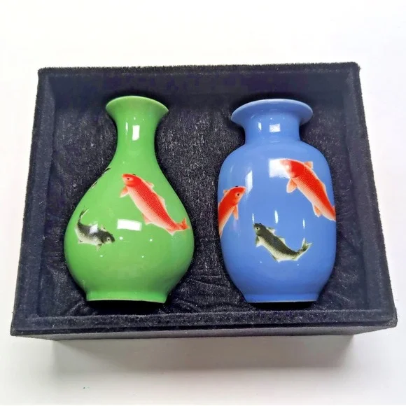 Z Gallerie Pair of Koi Vases Chinese Reproductions Glossy Finish Blue Green Box