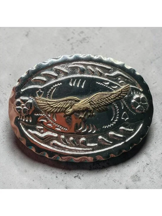 Vintage Western Silver Oval Belt Buckle With Gold Eagle Design