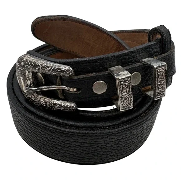 3-D Belt Co Western Ranger Belt Mens 44 Black Leather Engraved Silver Concho