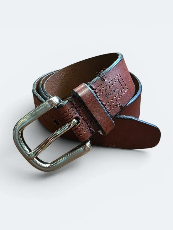 Fossil Hanover Men's Brown Leather Belt Size 40 Classic Casual Silver Buckle