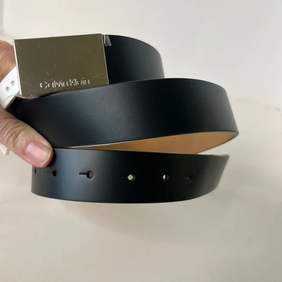 Mens Calvin Klein Black Leather Belt Silver Buckle CK Logo L 38 - 40 NWT‎