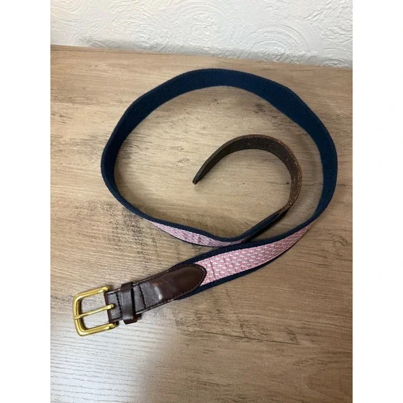 Vineyard Vines Mens Pink Whale Navy Canvas Leather Club Belt Size 40