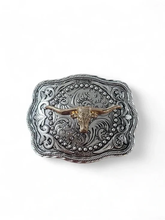 Silver-Tone Western Longhorn Belt Buckle with Gold Accent