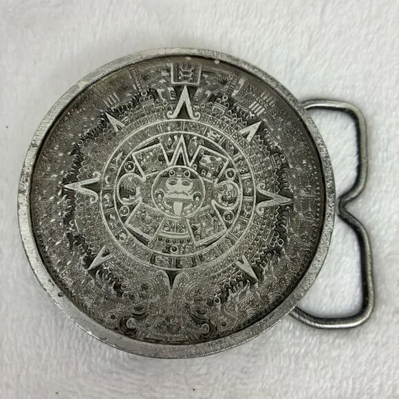 Vintage 1974 Bergamot Brass Works Belt Buckle Mayan Aztec Calendar -Round Buckle