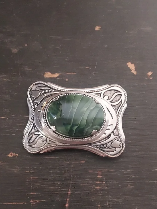 Vintage Boho Art Nouveau Scalloped Belt Buckle Green Striped Cabochon SilverTone