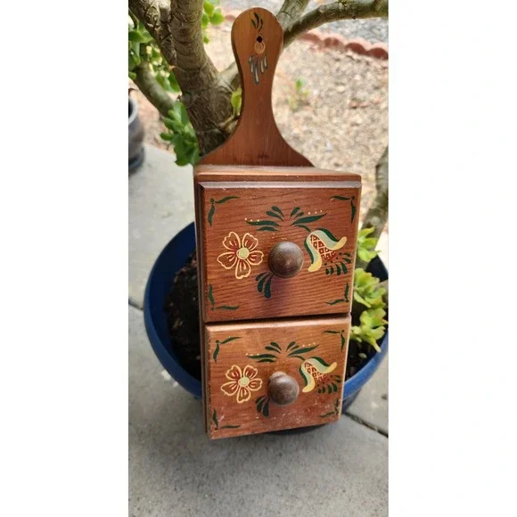 Vtg Folk Art Hand Painted Mini Two Drawer Wood Hanging Shelf A.A. Import Taiwan