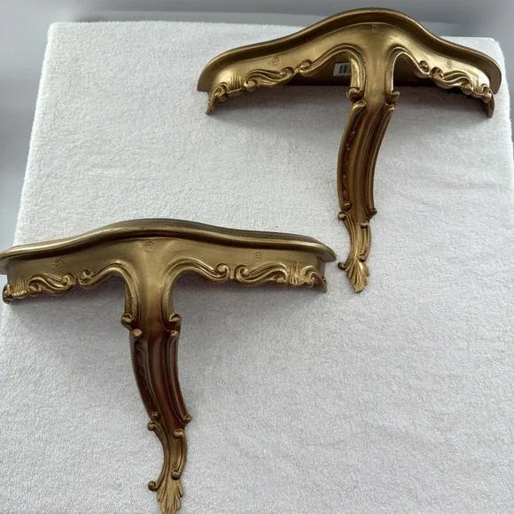 2- Mid Century Hollywood Regency Style Faux Gold Wall Shelf Set Made In Italy