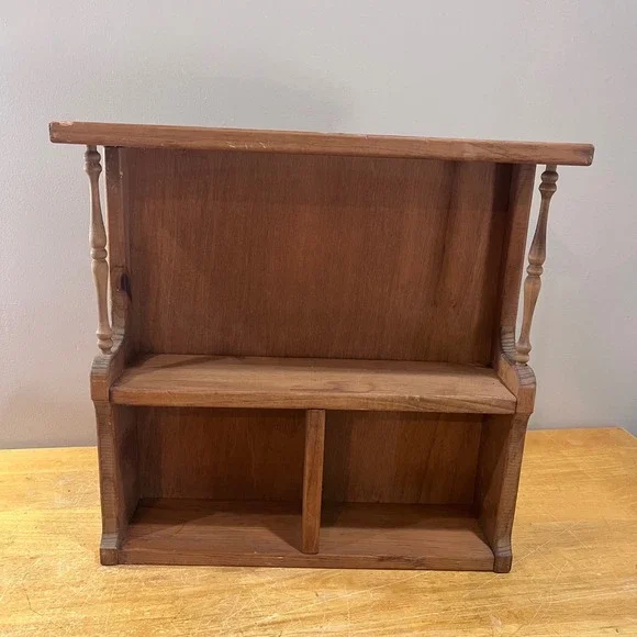 Vtg Rustic Wood Wall Shelf Spindle Detail Farmhouse‎ Curio Spice Rack Brown