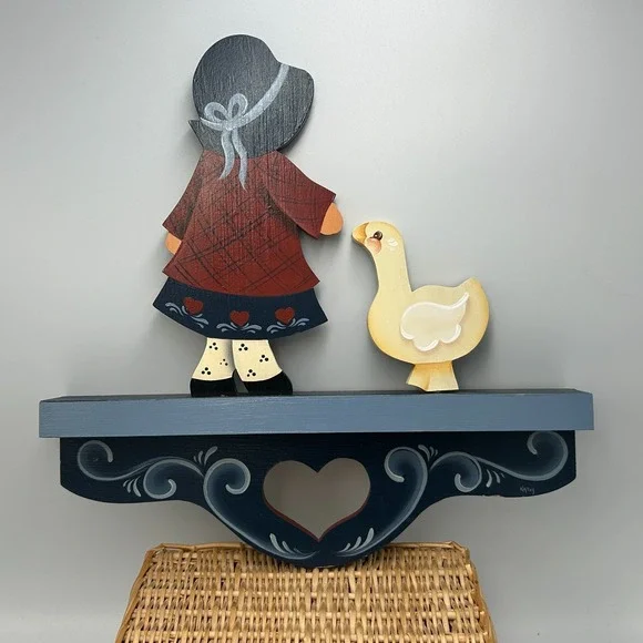 1980s Wood Painted Blue Mini Wall Shelf Goose Heart Cut Out Bows Country Cottage