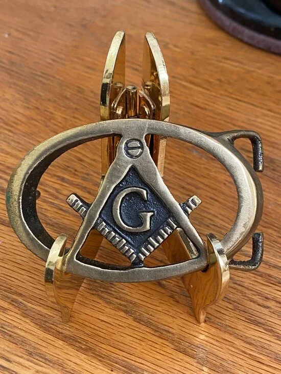 Vintage Freemason Belt Buckle Brass Square/Compass “G” Masonic Fraternal Symbol